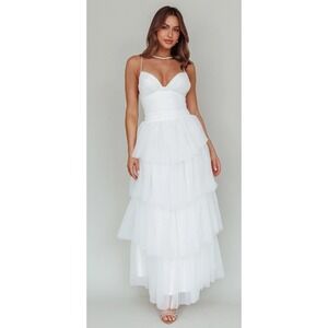 Selfie Leslie Tulle Maxi Dress White Tiered Formal Wedding/Party Dress Size XS‎